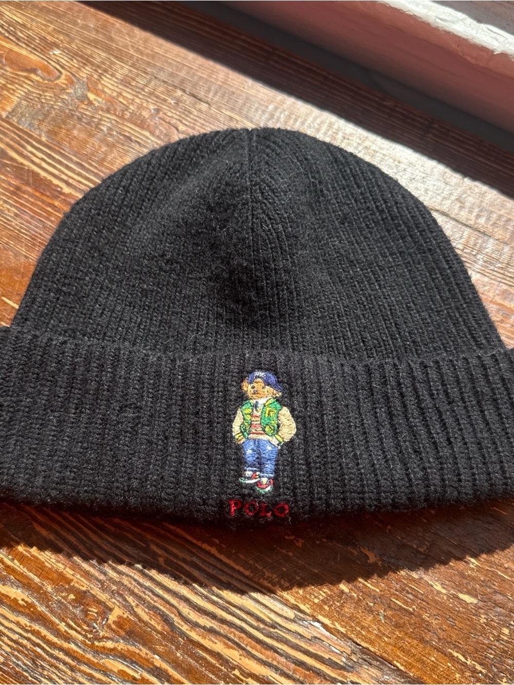 Ralph Lauren Black Knit Kids Beanie with Embroidered Bear - Picture 1 of 3